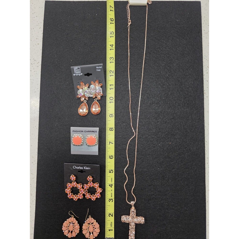 Cross Necklace with 4 sets of Peach/Coral  Earrings Jewelry